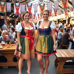 Two German women wearing traditional Dirndl dresses paired with high heels, standing together at an Oktoberfest event