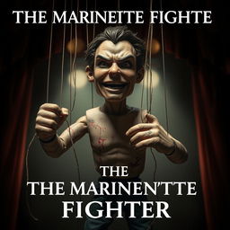 A captivating and emotional book cover for "The Marionette Fighter" featuring a male puppet in a lifelike form