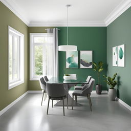 An 8x8 dining room designed in a modern style utilizing a palette of greens and grays, featuring two large windows, one on the left wall and another directly opposite