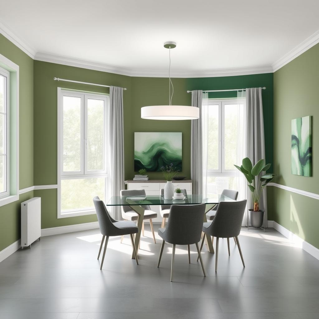 An 8x8 dining room designed in a modern style utilizing a palette of greens and grays, featuring two large windows, one on the left wall and another directly opposite