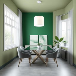 An 8x8 dining room designed in a modern style utilizing a palette of greens and grays, featuring two large windows, one on the left wall and another directly opposite