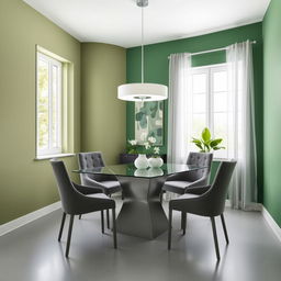 An 8x8 dining room designed in a modern style utilizing a palette of greens and grays, featuring two large windows, one on the left wall and another directly opposite