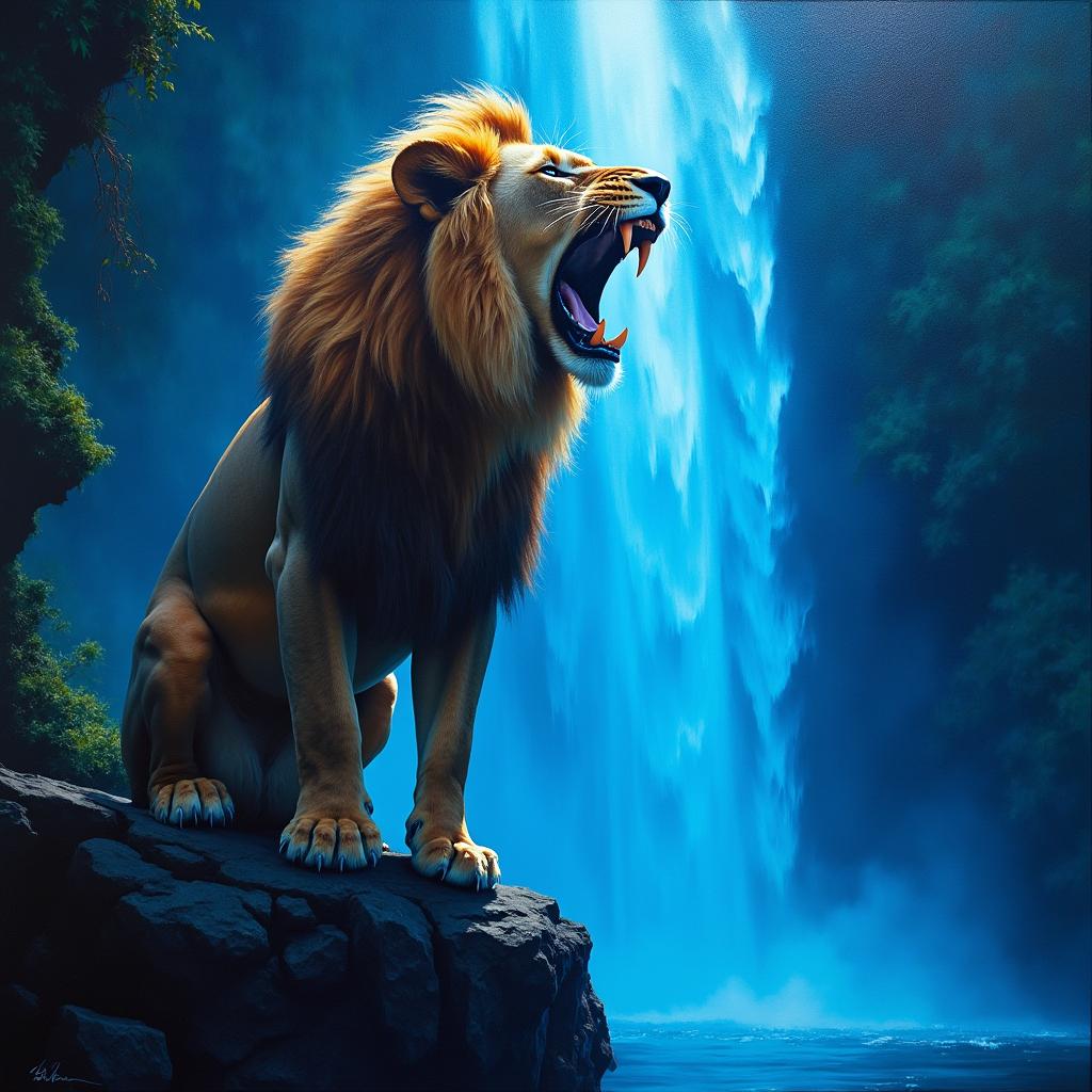 An oil-based painting featuring a macro full body view, up close, of a gorgeous female lion roaring powerfully on a cliff