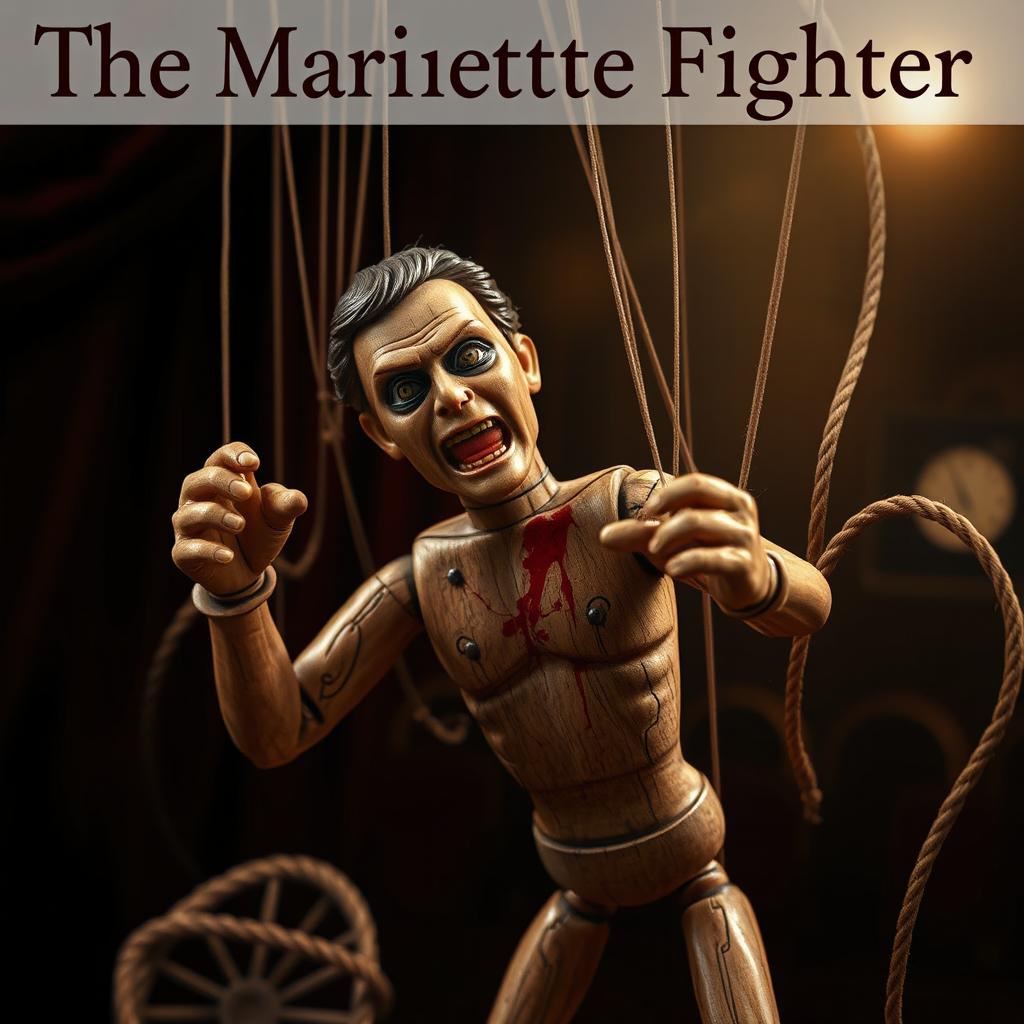 An intriguing book cover for "The Marionette Fighter" highlighting a male puppet in a lifelike scenario