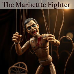 An intriguing book cover for "The Marionette Fighter" highlighting a male puppet in a lifelike scenario