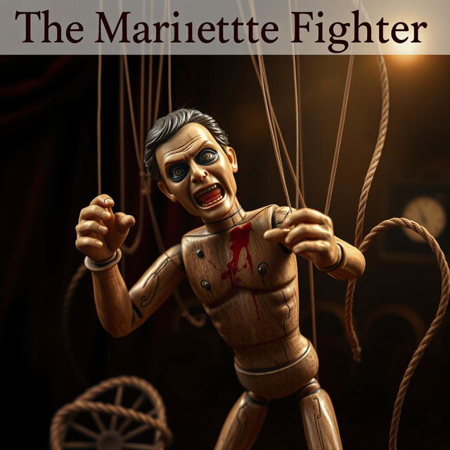 An intriguing book cover for "The Marionette Fighter" highlighting a male puppet in a lifelike scenario