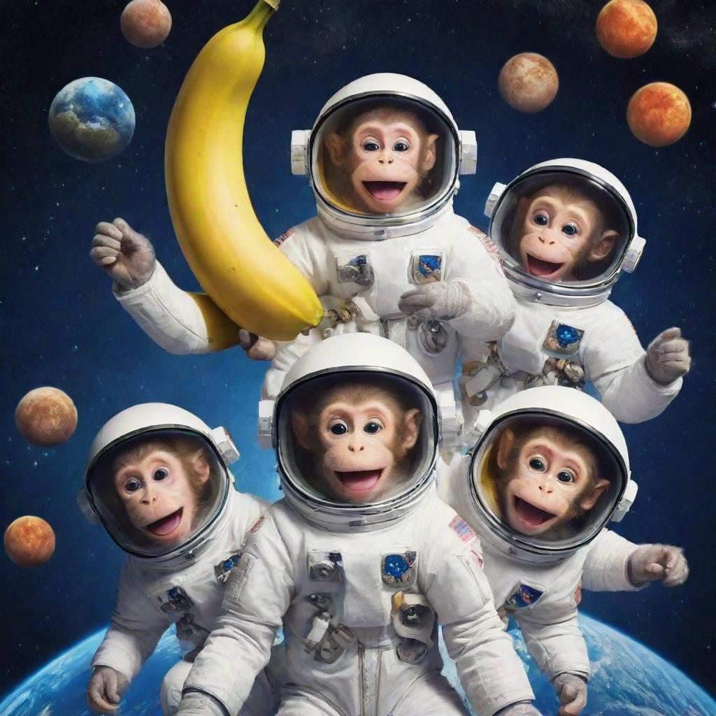 A whimsical movie poster for a kids' comedy, 'Funny Crazy Monkeys with Bananas in Space'. Laughing monkeys in astronaut suits floating in space with bananas and funny expression, with planets and stars making up the backdrop.