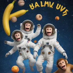 A whimsical movie poster for a kids' comedy, 'Funny Crazy Monkeys with Bananas in Space'. Laughing monkeys in astronaut suits floating in space with bananas and funny expression, with planets and stars making up the backdrop.