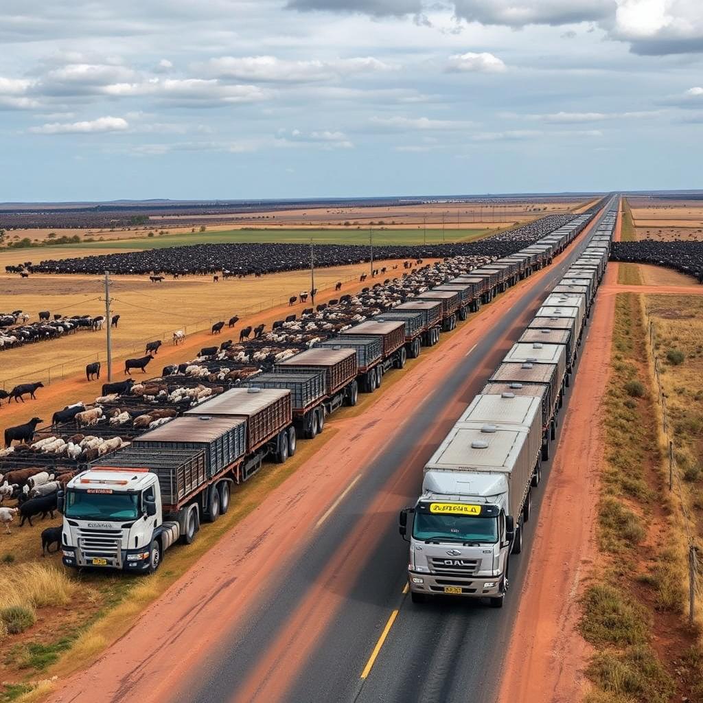 A large farm with thousands of cattle being transported by Australian cattle trucks