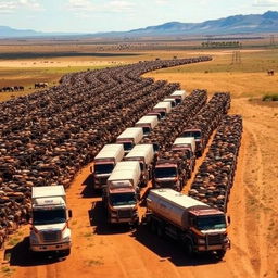 A large farm with thousands of cattle being transported by Australian cattle trucks