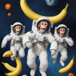 A whimsical movie poster for a kids' comedy, 'Funny Crazy Monkeys with Bananas in Space'. Laughing monkeys in astronaut suits floating in space with bananas and funny expression, with planets and stars making up the backdrop.