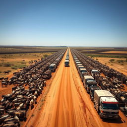 A large farm with thousands of cattle being transported by Australian cattle trucks