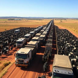 A large farm with thousands of cattle being transported by Australian cattle trucks