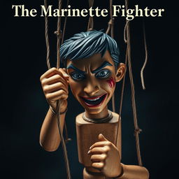 A deep and compelling book cover for "The Marionette Fighter" featuring a male puppet portrayed in a realistic, lifelike manner