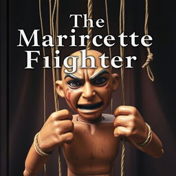 A deep and compelling book cover for "The Marionette Fighter" featuring a male puppet portrayed in a realistic, lifelike manner