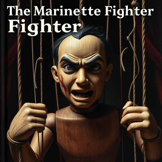 A deep and compelling book cover for "The Marionette Fighter" featuring a male puppet portrayed in a realistic, lifelike manner