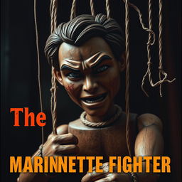 A deep and compelling book cover for "The Marionette Fighter" featuring a male puppet portrayed in a realistic, lifelike manner