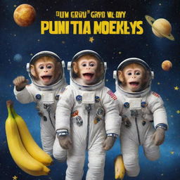 A whimsical movie poster for a kids' comedy, 'Funny Crazy Monkeys with Bananas in Space'. Laughing monkeys in astronaut suits floating in space with bananas and funny expression, with planets and stars making up the backdrop.