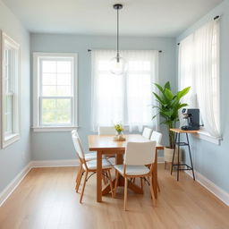 An 8x8 feet dining room with a 9-foot ceiling, designed in a simple style using colors that evoke peace