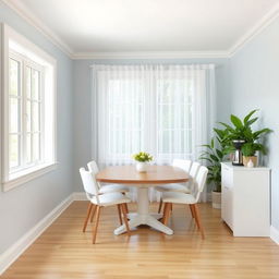 An 8x8 feet dining room with a 9-foot ceiling, designed in a simple style using colors that evoke peace