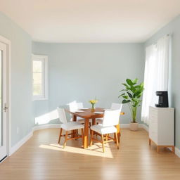 An 8x8 feet dining room with a 9-foot ceiling, designed in a simple style using colors that evoke peace