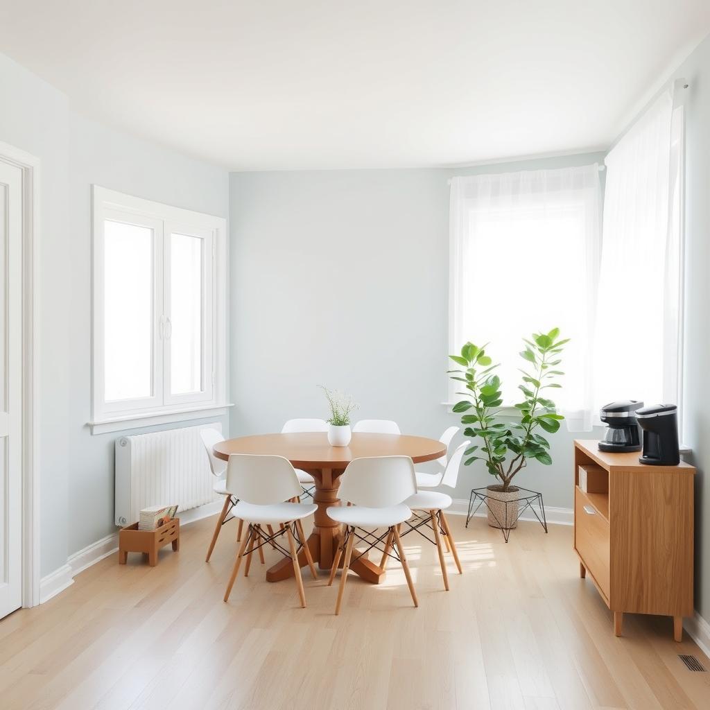 An 8x8 feet dining room with a 9-foot ceiling, designed in a simple style using colors that evoke peace