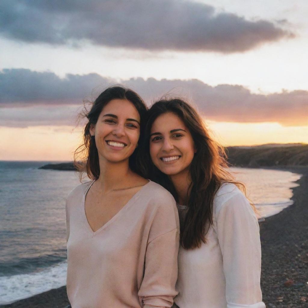 Mélanie Martínez and Mariana standing near a sea shore, with a dramatic sunset background. Both are smiling, creating a lively scenario.