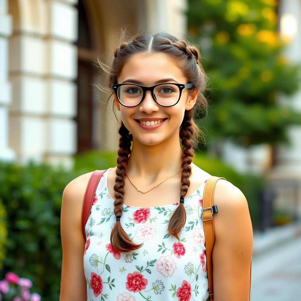 An innocent-looking German university student, portraying a blend of youthful charm and academic focus