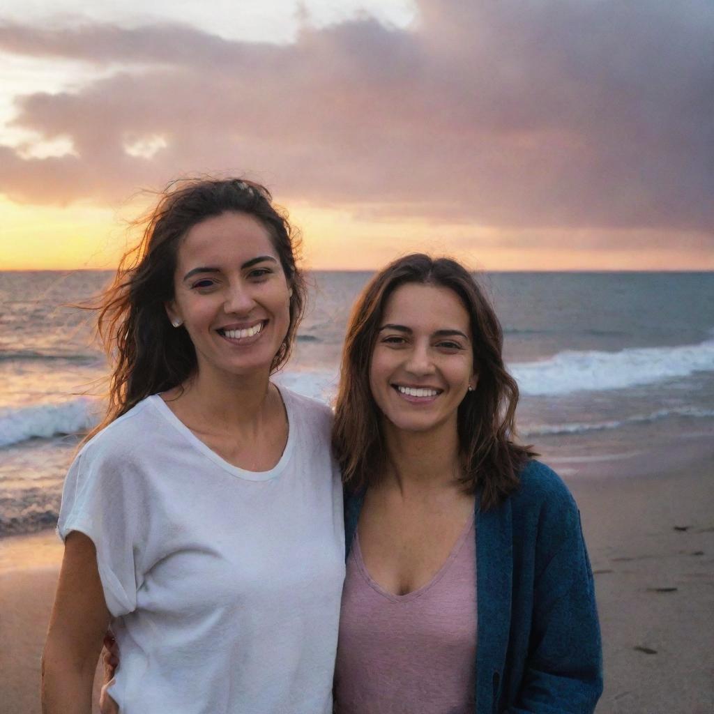 Mélanie Martínez and Mariana standing near a sea shore, with a dramatic sunset background. Both are smiling, creating a lively scenario.