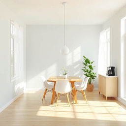 An 8x8 feet dining room with a 9-foot ceiling, designed in a simple style using peaceful colors