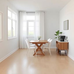 An 8x8 feet dining room with a 9-foot ceiling, designed in a simple style using peaceful colors