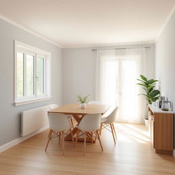 An 8x8 feet dining room with a 9-foot ceiling, designed in a simple style using peaceful colors