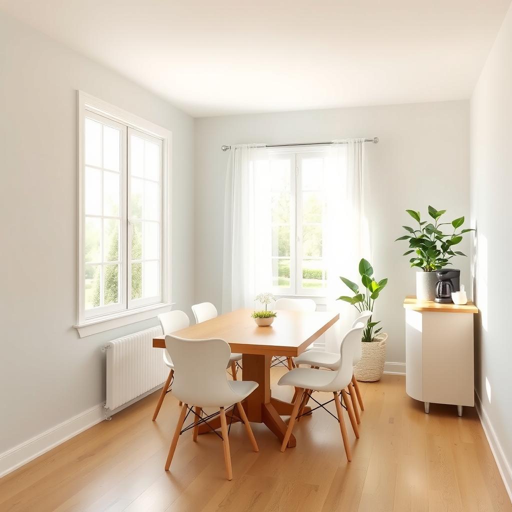 An 8x8 feet dining room with a 9-foot ceiling, designed in a simple style using peaceful colors