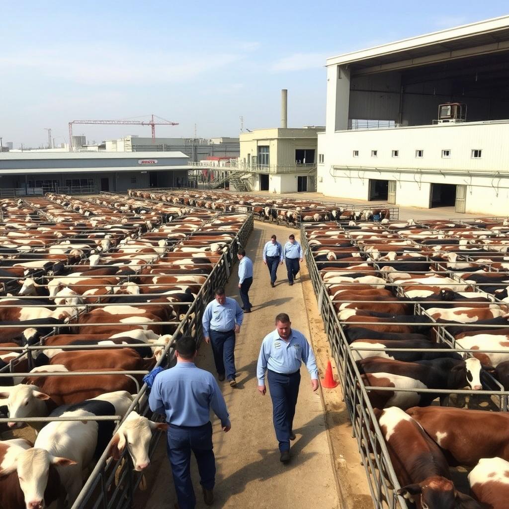 The yard of a large meat processing plant with thousands of cattle held in pens