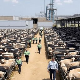 The yard of a large meat processing plant with thousands of cattle held in pens