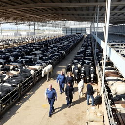 The yard of a large meat processing plant with thousands of cattle held in pens