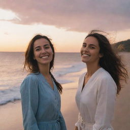 Mélanie Martínez and Mariana standing near a sea shore, with a dramatic sunset background. Both are smiling, creating a lively scenario.