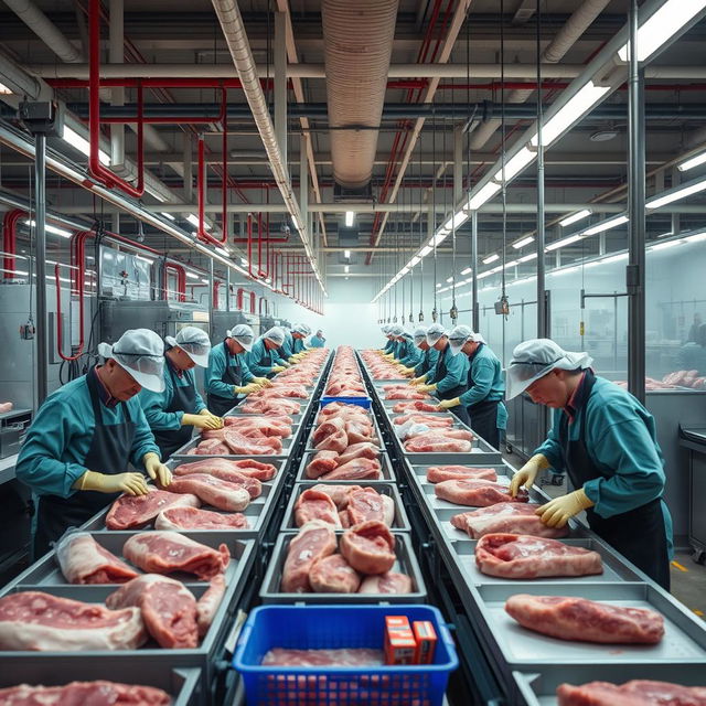 Employees working and processing meat in a large meat processing plant