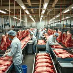 Employees working and processing meat in a large meat processing plant