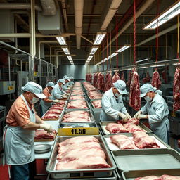 Employees working and processing meat in a large meat processing plant