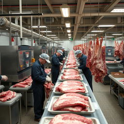 Employees working and processing meat in a large meat processing plant