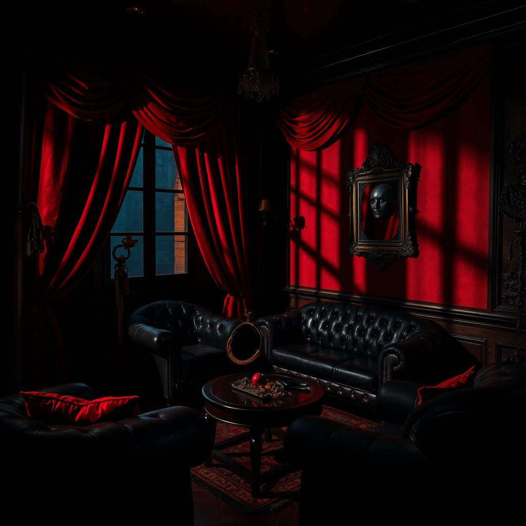 A dimly lit room showcasing intricate BDSM-themed decor, with red velvet drapes and black leather furniture