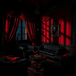 A dimly lit room showcasing intricate BDSM-themed decor, with red velvet drapes and black leather furniture