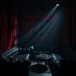 A dimly lit room showcasing intricate BDSM-themed decor, with red velvet drapes and black leather furniture