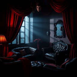 A dimly lit room showcasing intricate BDSM-themed decor, with red velvet drapes and black leather furniture