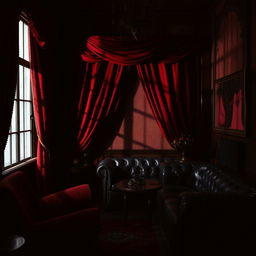 A dimly lit room showcasing intricate BDSM-themed decor, with red velvet drapes and black leather furniture