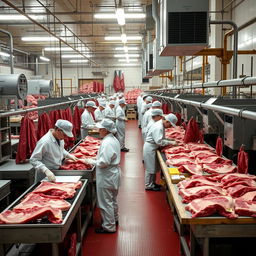 Employees working and processing meat in a large meat processing plant