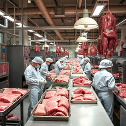 Employees working and processing meat in a large meat processing plant