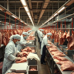 Employees working and processing meat in a large meat processing plant