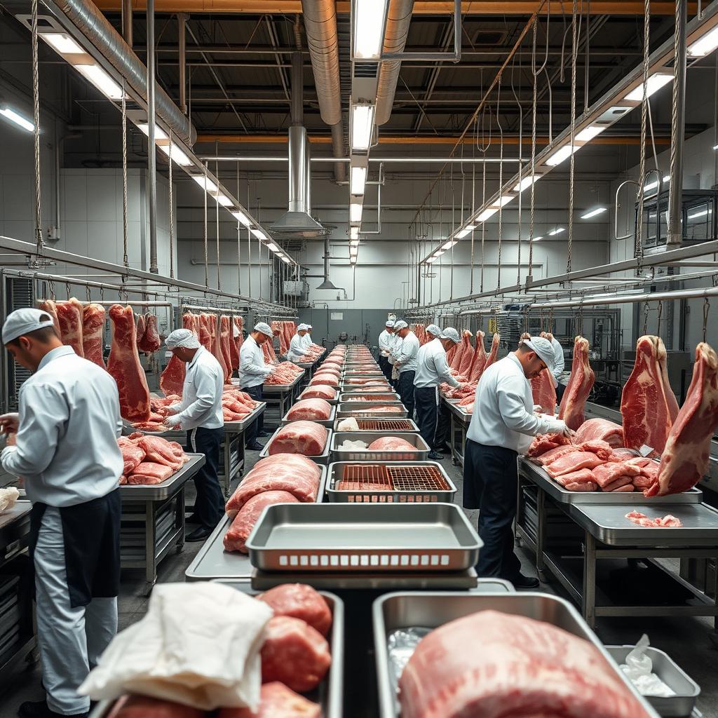 Employees working and processing meat in a large meat processing plant